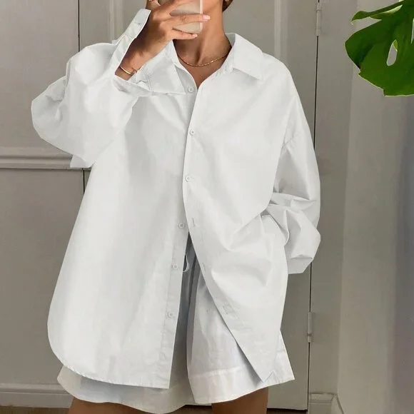 White Casual Women's Loose Long Sleeve Shirt With Collar - Picture 2 of 6